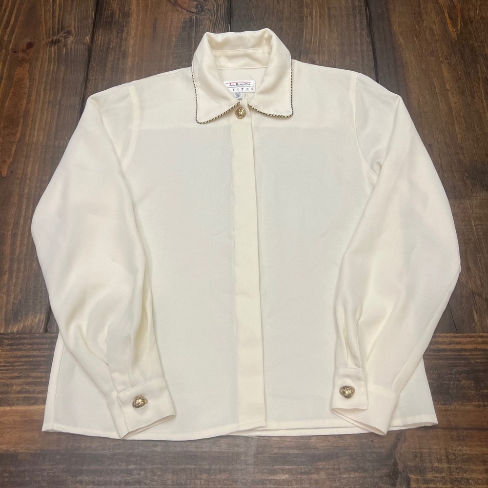 Talbots Petites Cream Button Front Collar Detail‎ Long Sleeve Blouse Size 2P Vtg